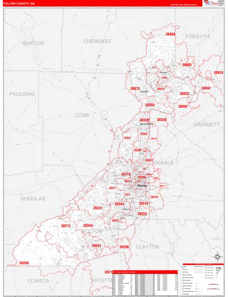 Fulton County Ga Zip Code Wall Map Red Line Style By Marketmaps Mapsales