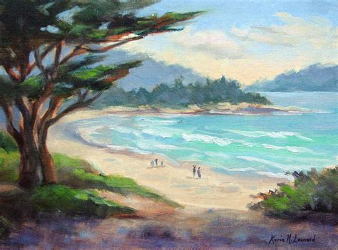 Beach paintings for the beach lover and for your coastal decor. Carmel Beach Evening Light Painting by Karin Leonard