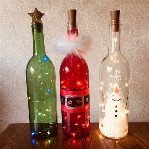 Holiday Wine Bottle Decorations With Lights Santa Snowman Etsy Wine