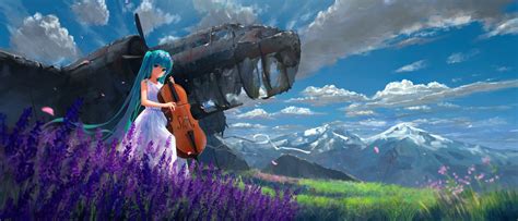 Vocaloid Cloud Manga Miku Lavender Sky Hatsune Instrument Girl
