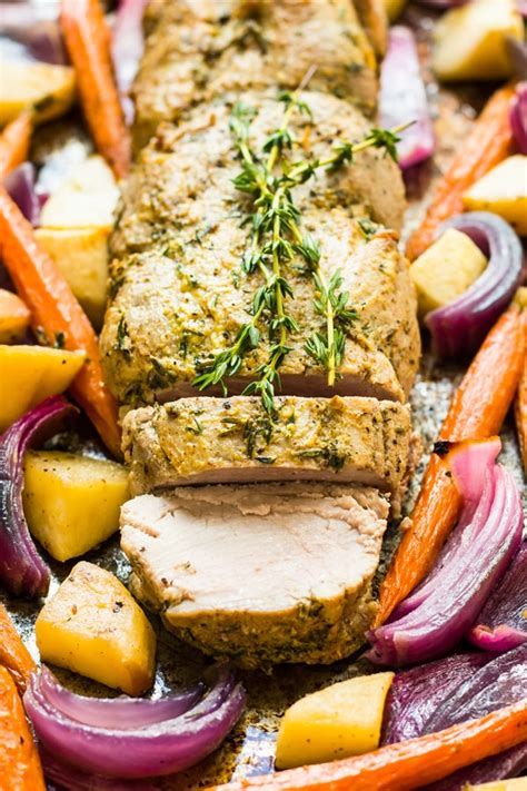 It only takes 20 minutes to cook! One Pan Roasted Pork Tenderloin with Mustard, Apple & Vegetables