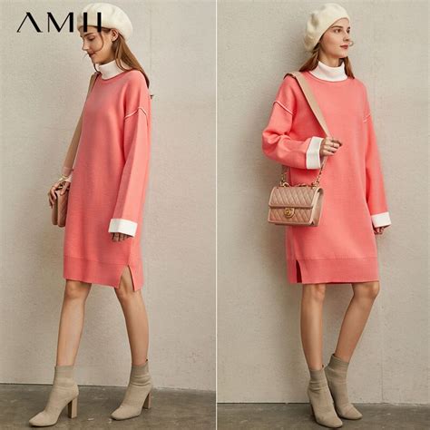 Amii Minimalism Autumn Winter Spliced Knitted Women Dress Fashion Causal Turtleneck Full Sleeve