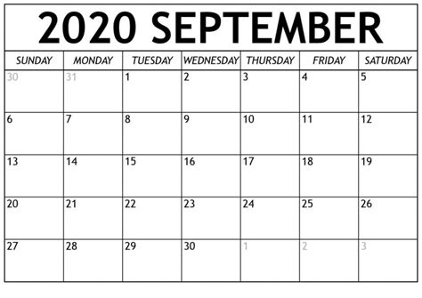 Free Printable September 2020 Calendar Free Printable Blank Holidays