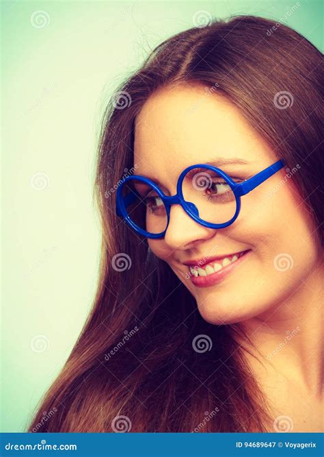 Happy Smiling Nerdy Woman In Weird Glasses Stock Image Image Of Smiling Smile 94689647