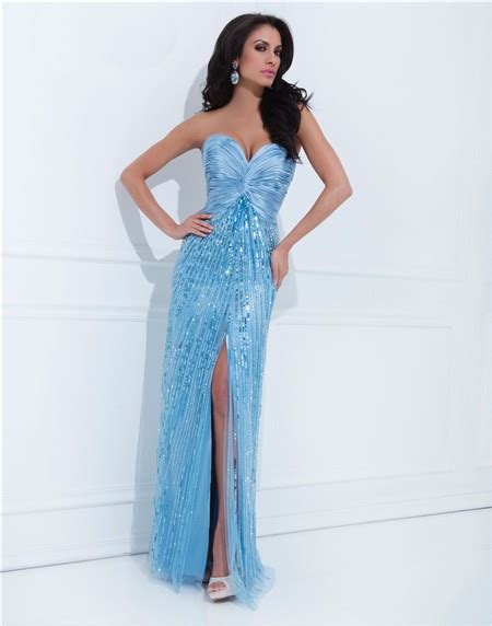 Sheath Sweetheart Long Light Blue Satin Tulle Sequin Sparkly Prom Dress With Slit