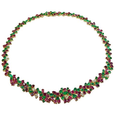 6100 Carat Tutti Frutti Emerald Ruby Diamond Necklace 18k Gold For