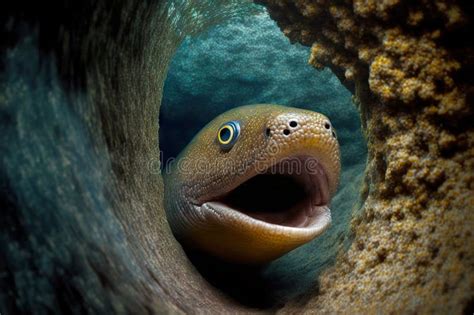 Grey Dangerous Moray Eel Opening Mouth Sit In Stone Underwater Cave