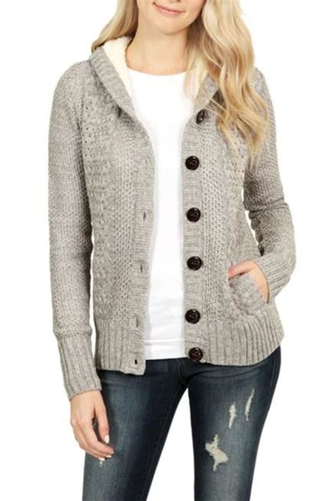 Fleece Hooded Gray Button Down Cardigan Sweater Cardigan Sweater Coat