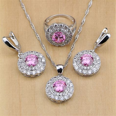 Mystic Pink Zircon Stones White Cz Silver Jewelry Sets For
