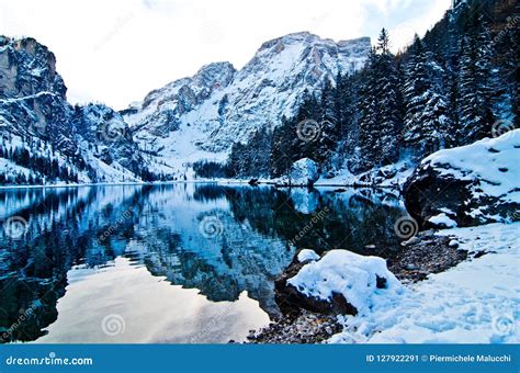 Snowy Mountain Lake With Mountains And Blue Sky Stock Image Image Of