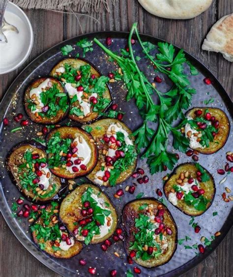 how to make mediterranean roasted eggplant lunch recipe with pomegranates and tahini eggplant