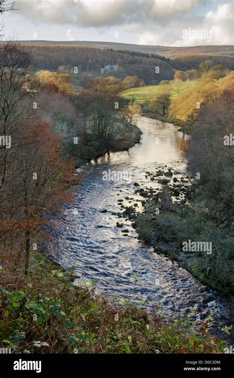 Sunny Autumn Evening High View Over Scenic Meandering River Wharfe