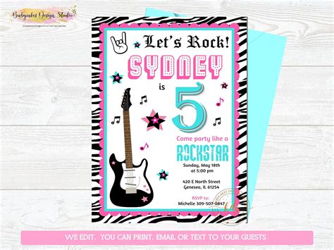 Rockstar Birthday Party Invitation Invite Guitar Digital Printable