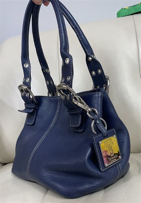 TIGNANELLO Navy Blue Pebble Grain Leather Handbag Satchel Purse