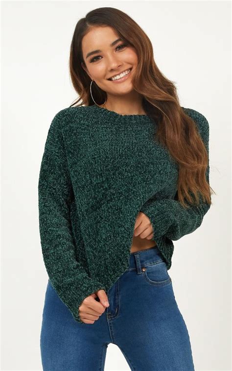 Open Light Velvet Knit Sweater In Emerald Green Showpo