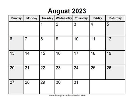 Printable August 2023 Calendar Free Printable