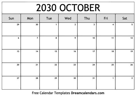 October 2030 Calendar Free Blank Printable With Holidays