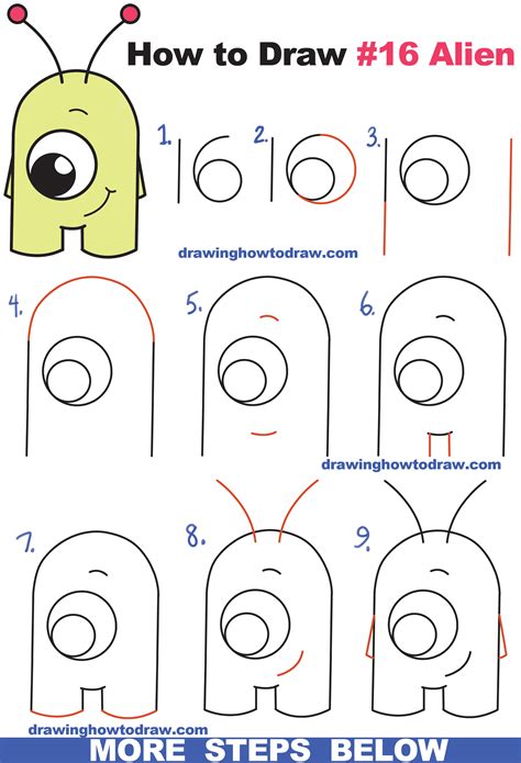 How To Draw Cute Cartoon Alien From Numbers 16 Easy Step By Step