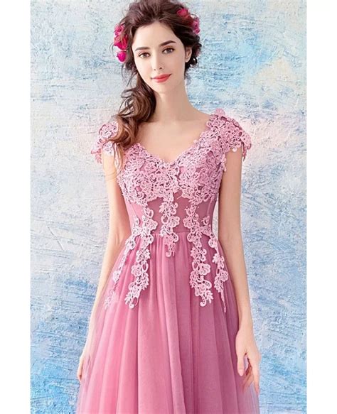 Flowy Pink Tulle Long Prom Dress With Appliques Lace Cap Sleeves