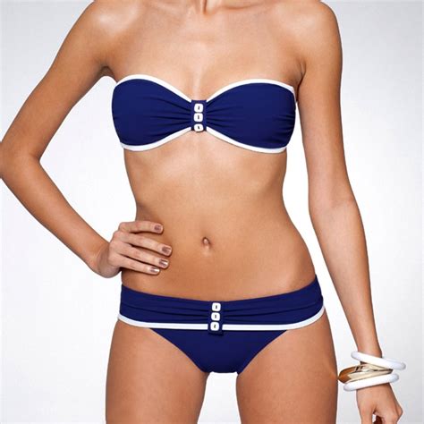 2016 Sexy Navy Blue Strapless Bandeau Bikinis Swimsuit Womens Micro