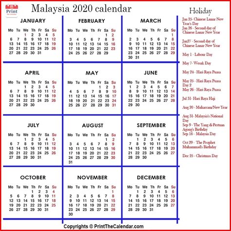 This page contains a national calendar of all 2020 public holidays. Malaysia Holidays 2020 2020 Calendar with Malaysia Holidays