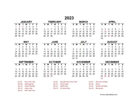 2023 Year At A Glance Calendar With New Zealand Holidays Free