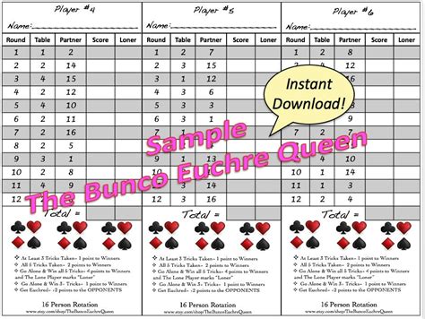 12 Person Euchre Rotation 16 Person Euchre Rotation Score Sheet By