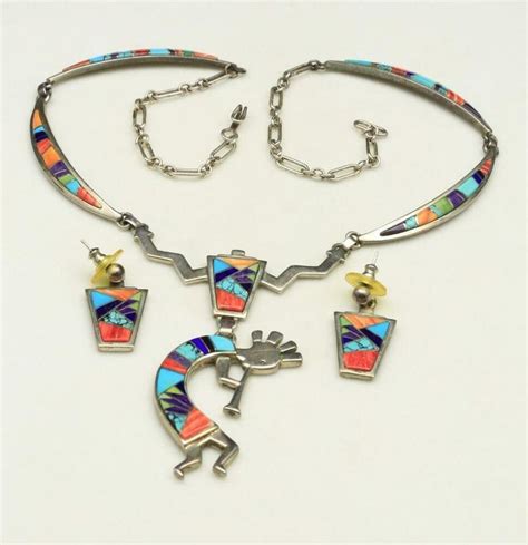 Vintage Calvin Begay Sterling Silver Inlaid Stone Kokopelli Necklace