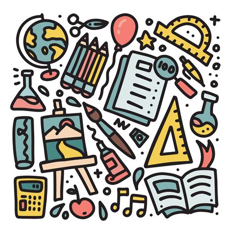 School Doodle Stationery And Other Elements Set Color Doodle Hand