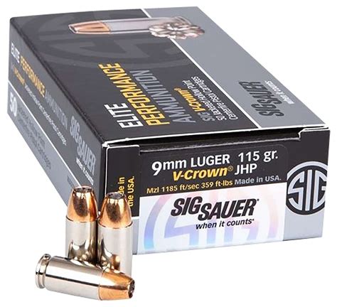 Sig Sauer Ammo 9mm 115gr Elite V Crown Jhp Box50 20 Per Case Range Usa