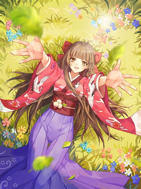 Girl Smile Kimono Field Flowers Anime Hd Phone Wallpaper Peakpx