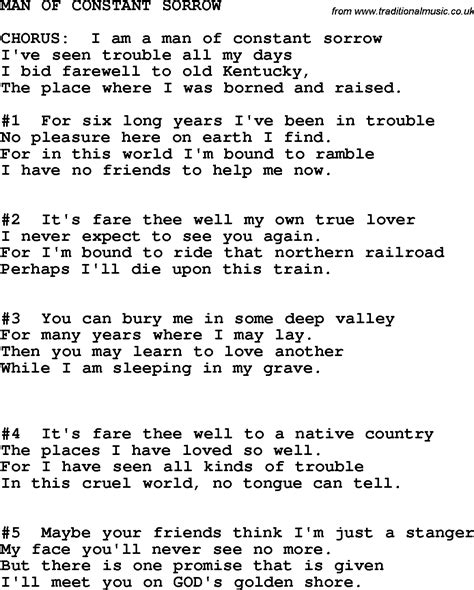 Country Southern And Bluegrass Gospel Song Man Of Constant Sorrow Lyrics