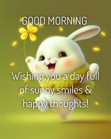 A White Bunny Holding A Yellow Flower With The Words Good Morning Wishing You A Day Full Of