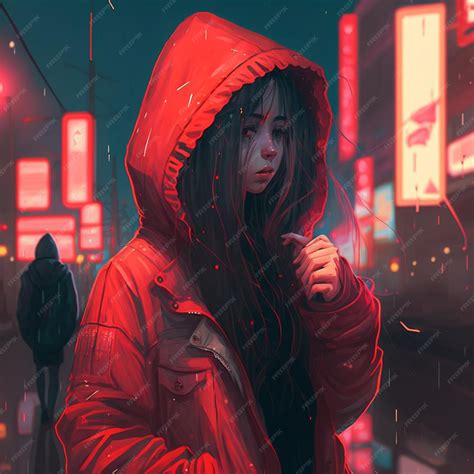 Premium Ai Image Anime Girl In Red Raincoat Standing In The Rain In A