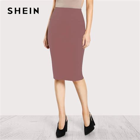 Shein Pink Elastic Waist Pencil Skirt Casual Sheath Knee Length Mid Waist Skirts Women Autumn