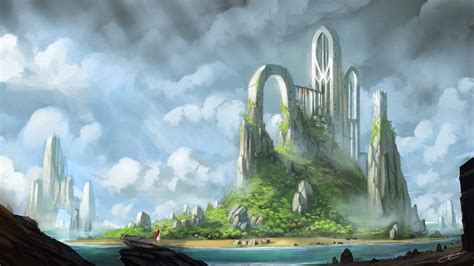Island And Gray Sky Painting Fantasy Art Fantasy City Hd Wallpaper