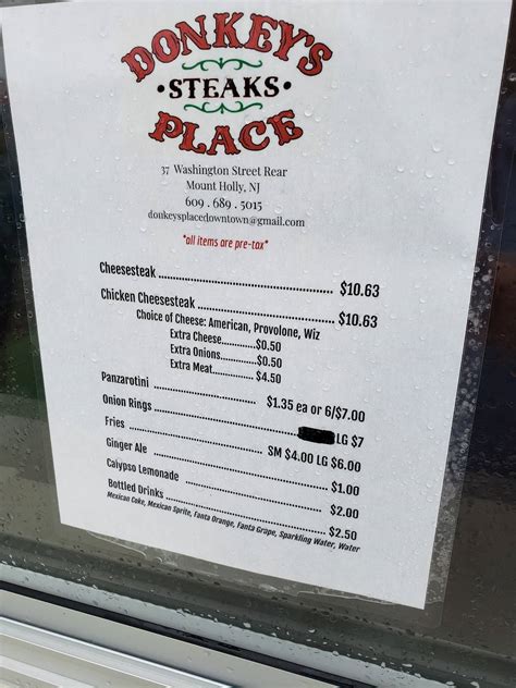 Menu at Donkey's Place Downtown restaurant, Mount Holly