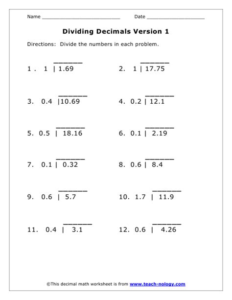 Dividing Decimals Fifth Grade Worksheet