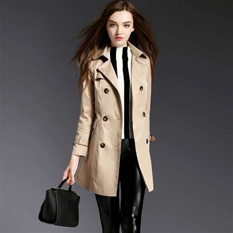 autumn vintage style turn down collar long sleeve double breasted slim trench coat with belt