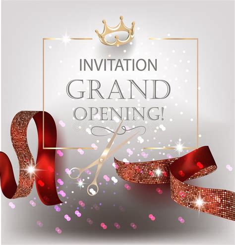 Grand Opening Banner With Curly Textured Ribbons And Golden Frame And