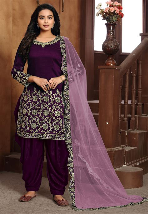 Embroidered Art Silk Punjabi Suit In Purple Kch5763