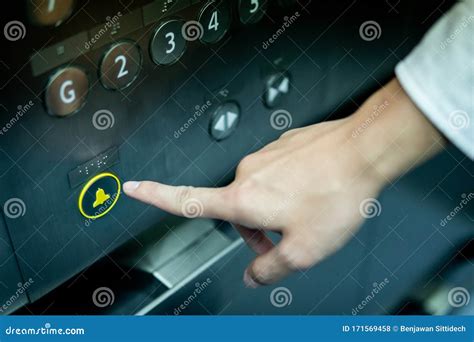Male Hand Pressing On Emergency Button In Elevator Stock Photo Image