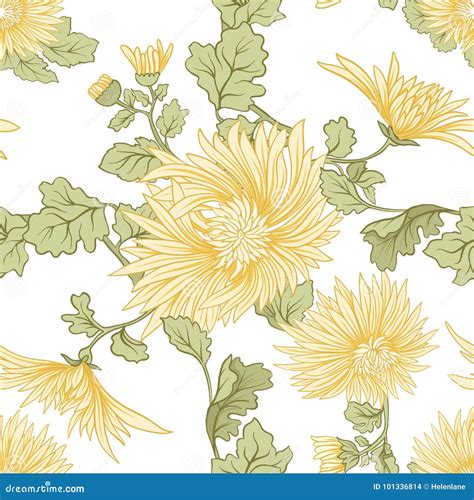 Chrysanthemum Seamless Pattern Of Yellow Japanese Chrysanthemum Stock