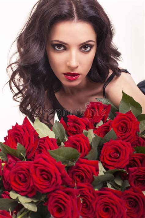 Beautiful Woman Dark Hair Posing Big Bouquet Roses Stock Photos Free