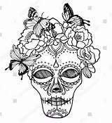 Coloring Skull Flowers Halloween Female Butterflies Printable Entertainmentmesh sketch template
