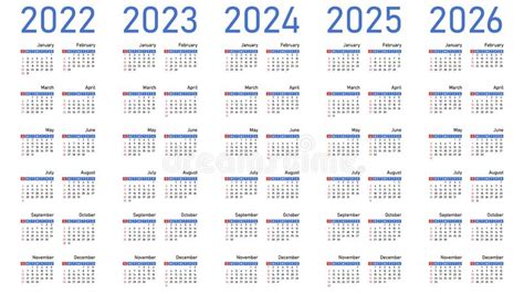 English Calendars Set For 2022 2023 2024 2025 2026 Stock Vector