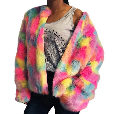 Chic Mixed Color Faux Fur Coat Rainbow Color Imitation Mink Fur Bomber