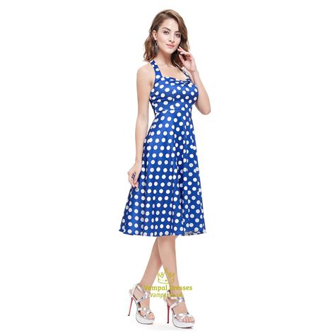 Blue And White Halter Knee Length Polka Dot Sleeveless Summer Dress