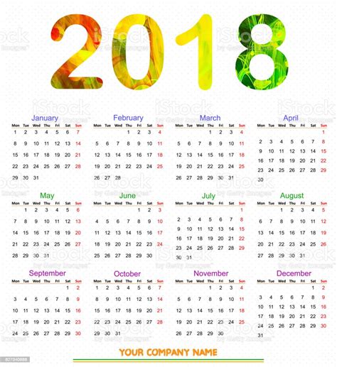 12 Months Calendar Design 2018 Print Ready And Editable Stock Photo
