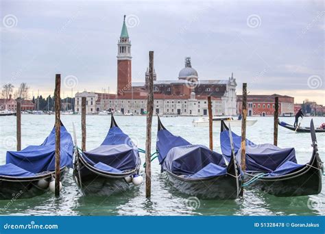 Gondolas With View Of San Giorgio Maggiore In Venice Stock Photo
